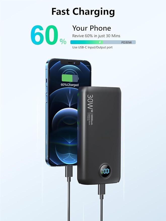 Portable Charger-Output Input USB C Fast Charging LED Display SCP22.5W PD 30W QC4.0 Power Bank, Flashlight External Battery Pack for iPhone, Xiaomi, LG, and More (Black-Purple)