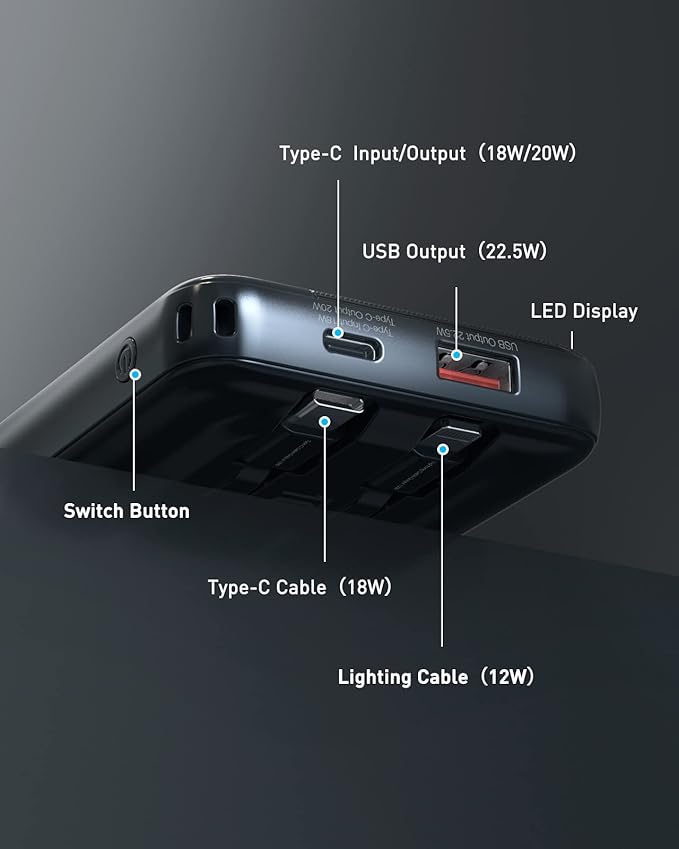Power Bank 10000mAh, Portable Charger with Built-in Cables, 22.5W PD Fast Charging for iPhone & Android Devices, Ultra-Compact Travel Essential, Pocket-Sized Design-Black