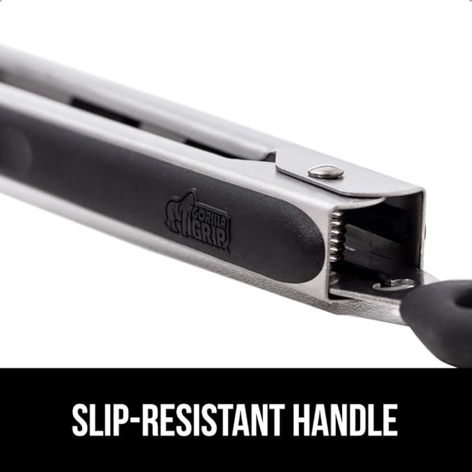 GORILLA GRIP Stainless Steel Heat Resistant Kitchen Tongs for Cooking, 9 + 14 Inch, Set of 2 BBQ Tong, Non Scratch Silicone Tip for Pan, Strong Grip, Grab Food, Toss Salad, Air Fryer, Pull Lock, Black
