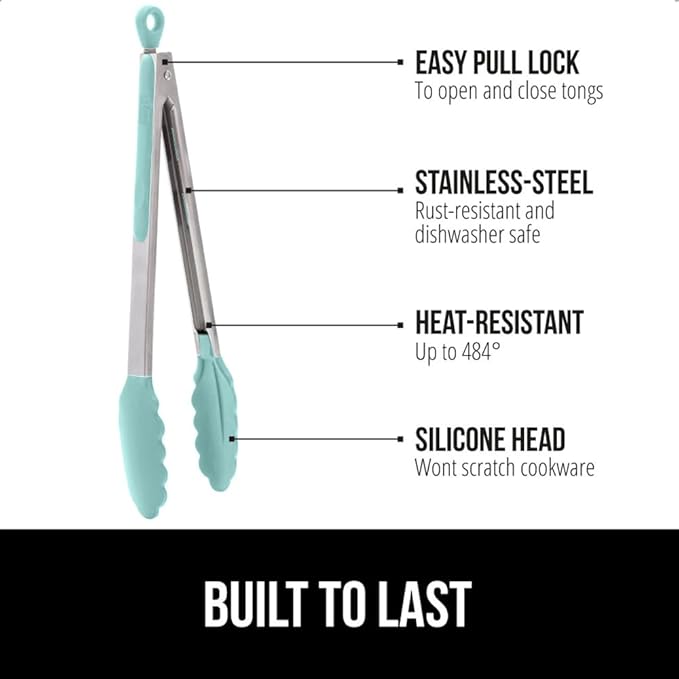 GORILLA GRIP Stainless Steel Heat Resistant Kitchen Tongs for Cooking, 9 + 12 Inch, Set of 2 BBQ Tong, Non Scratch Silicone Tip for Pan, Strong Grip, Grab Food, Toss Salad, Air Fryer, Pull Lock, Mint