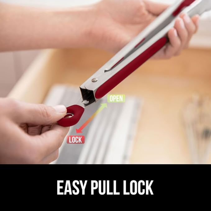 GORILLA GRIP Stainless Steel Heat Resistant Kitchen Tongs for Cooking, 9 + 12 Inch, Set of 2 BBQ Tong, Non Scratch Silicone Tip for Pan, Strong Grip, Grab Food, Toss Salad, Air Fryer, Pull Lock, Red
