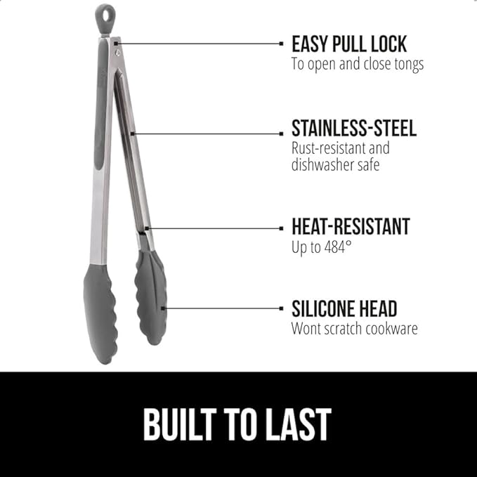 GORILLA GRIP Stainless Steel Heat Resistant Kitchen Tongs for Cooking, 9 + 12 Inch, Set of 2 BBQ Tong, Non Scratch Silicone Tip for Pan, Strong Grip, Grab Food, Toss Salad, Air Fryer, Pull Lock, Gray