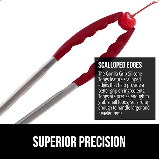 GORILLA GRIP Stainless Steel Heat Resistant Kitchen Tongs for Cooking, 9 + 12 Inch, Set of 2 BBQ Tong, Non Scratch Silicone Tip for Pan, Strong Grip, Grab Food, Toss Salad, Air Fryer, Pull Lock, Red