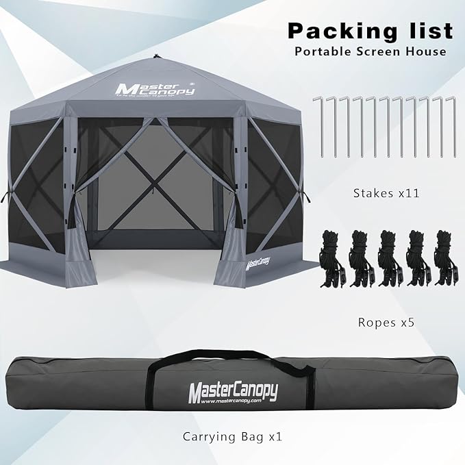 MASTERCANOPY 10x10FT Pop Up Gazebo Screen Tent - Instant Screen House with Netting, Quick Set, Outdoor Canopy Shelter with Carry Bag for Camping, Backyard & Patio (Gray)