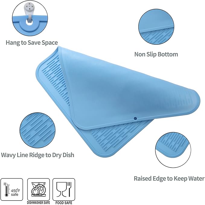 Silicone Dish Drying Mat for Multiple Usage,Easy clean,Eco-friendly,Heat-resistant Silicone Mat for Kitchen Counter or Sink,Refrigerator or Drawer Liner Light Blue 2XL 24 inches x 18 inches