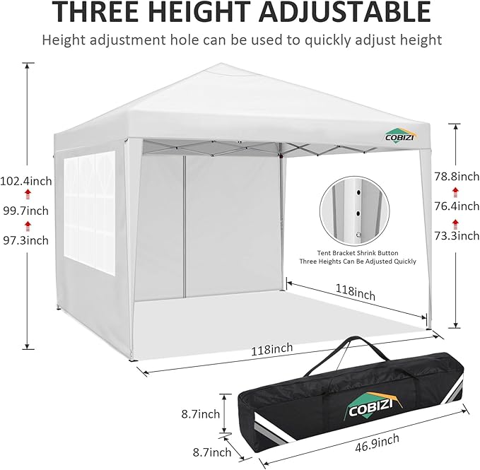 COBIZI 10x10 Pop Up Canopy Tent with 4 Sidewalls,10x10 Easy Up Waterproof Canopy Tents for Parties Camping Exhibition, Outdoor Easy Set U Gazebo Tent with Carry Bag,8 Stakes & 4 Ropes(White