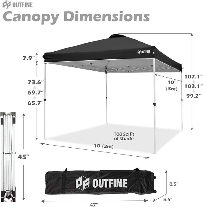 OUTFINE Pop-up Canopy 10x10 Patio Tent Instant Gazebo Canopy with Wheeled Bag,Canopy Sandbags x4,Tent Stakesx8 (Black, 10 * 10FT)