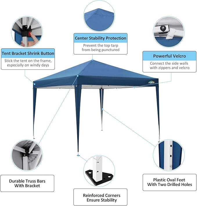 COBIZI Canopy 10x10 Pop Up Canopy Tent with 4 Sidewalls, 10x10 Easy Up Canopy Waterproof Commercial Outdoor Gazebo Portable Shelter Instant Tents for Parties,Backyard(with Carrying Bag,Blue