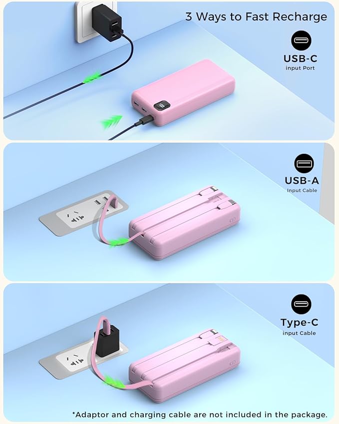 Portable Charger Power Bank 50000mAh Built-in Cables, PD 20W Fast Charging Large Capacity Battery Pack, 5 Output 2 Input LED Display Powerbank Compatible with Phone (Pink)