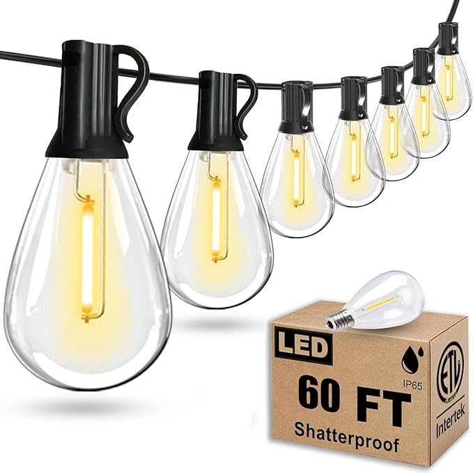 60FT Outdoor String Lights S11 LED Patio with 17 Plastic Bulbs(1 Spare), IP44 Waterproof Connectable Hanging Lights for Backyard Porch Balcony Party Decor