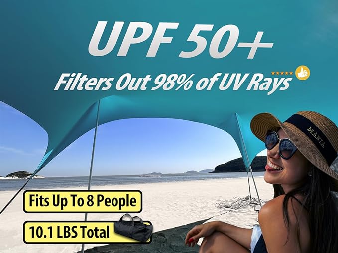 10×10ft UPF50+ Beach Tent Sun Shelter, Windproof Stable Outdoor Pop Up Beach Shade Canopy for Camping, Fishing, Backyard Fun or Picnics, 4 Poles