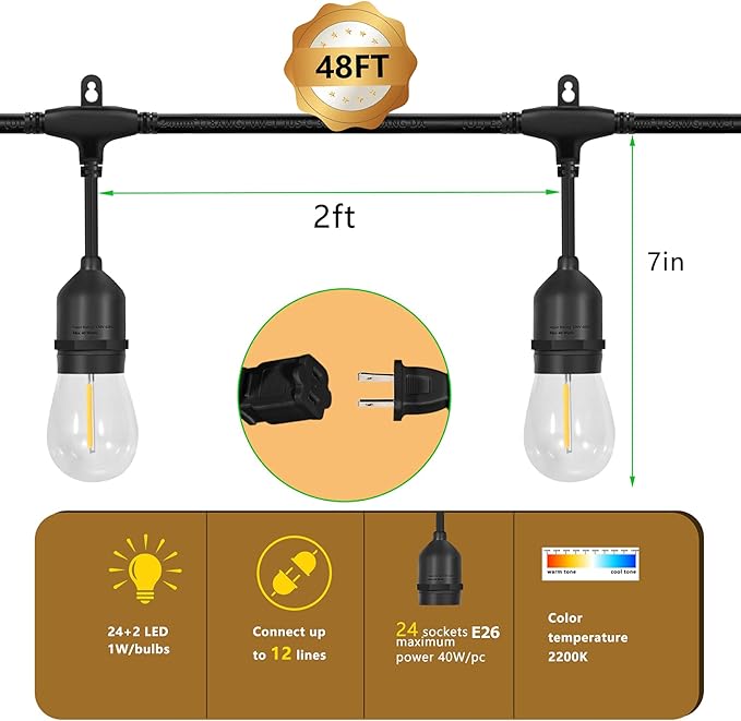 ๐๐๐ญ๐ป LED Outdoor String Lights with ๐ฎ๐ฐ Weatherproof Shatterproof Edison ๐ณ๐ฌ๐ซ ๐ฉ๐๐๐๐(2 ๐บ๐๐๐๐)๏ผCommercial Grade Waterproof Hanging Lights for Backyard Porch Balcony Party