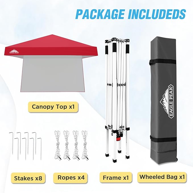 EAGLE PEAK 10x10 Pop Up Canopy Tent with Sidewall, Compact, Portable Slant Leg Instant Sun Shelter for Beach, Sports, & Camping, 10x10 Base 8x8 Top, Red