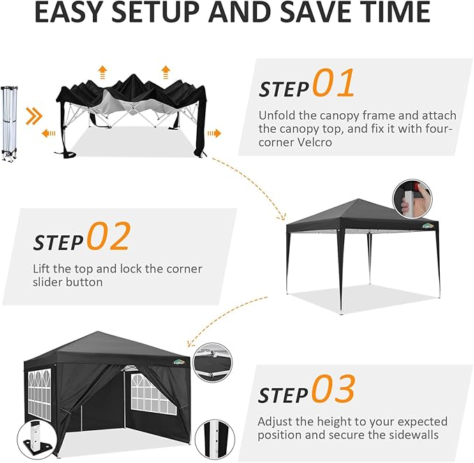COBIZI 10x10 Pop Up Canopy Tent with 4 Sidewalls,10x10 Easy Up Waterproof Canopy Tents for Parties Camping Exhibition, Outdoor Easy Set U Gazebo Tent with Carry Bag,8 Stakes & 4 Ropes(Black