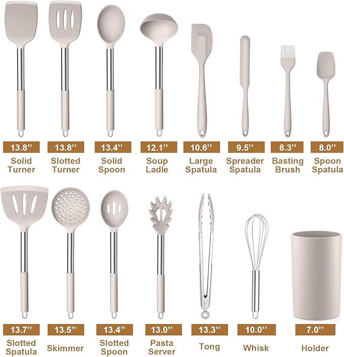 LIANYU 15 Pcs Kitchen Cooking Utensils Set with Holder, Silicone Kitchen Tools with Stainless Steel Handle, Heat Resistant Gadgets, Brush Spatula Spoon Whisk for Cookware, Dishwasher Safe, Khaki