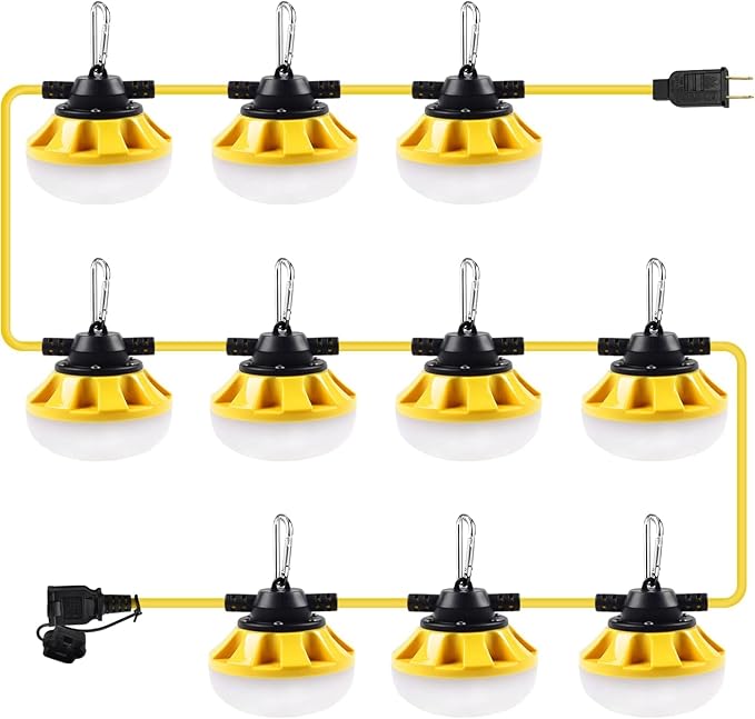 100FT LED Construction String Lights 10 Bulbs,10000LM,Industrial Grade,Weatherproof, Linkable 5000K Super Bright for Job Sites, Mining, Patios & Outdoor Work,Free for Climbing Hook 2Prong