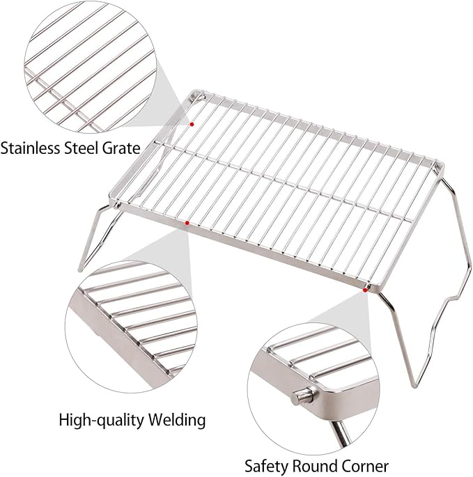 13.6" Folding Campfire Grill 304 Stainless Steel Grate, Heavy Duty & Portable Camping Grill Grate with Carrying Bag for Camping, Hiking, Backpacking, BBQ, Cooking