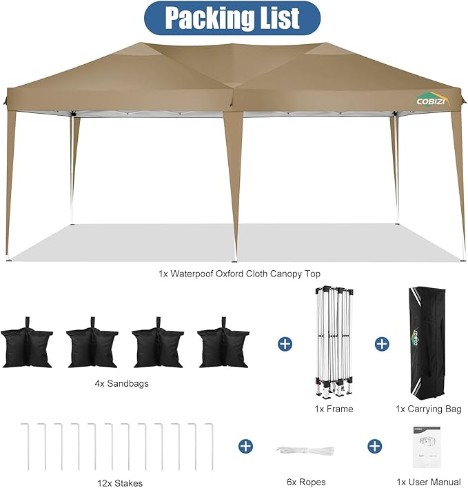 COBIZI Canopy 10x20 Pop Up Canopy Tent 10x20ft Waterproof Easy Up Tents for Parties Wedding Outdoor Commercial Event Gazebo Portable Instant Tent for Backyard Camping Car Port(Khaki