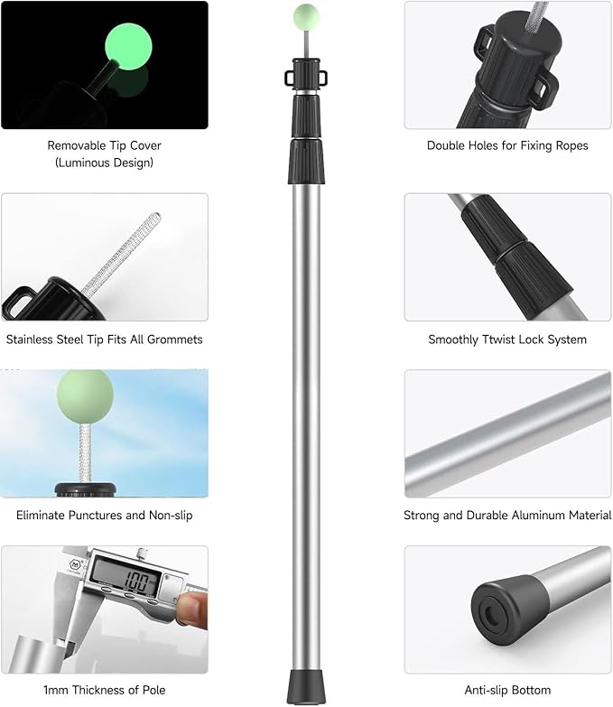 SANLIKE Tarp Poles Telescoping Tent Poles, 96" Aluminum Canopy Poles Extendable Pole for Awning Shelter Camping Backpacking Hiking Picnic, Set of 4, Silver