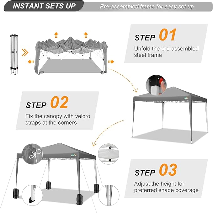 COBIZI 10x10 Pop Up Canopy Tent with 4 Sandbags, Easy Set Up Tent, Instant Outdoor Sun Shelter Canopy with 8 Stakes,4 Ropes&Carry Bag, Tents for Parties, Beach, Backyard,Camping(Gray