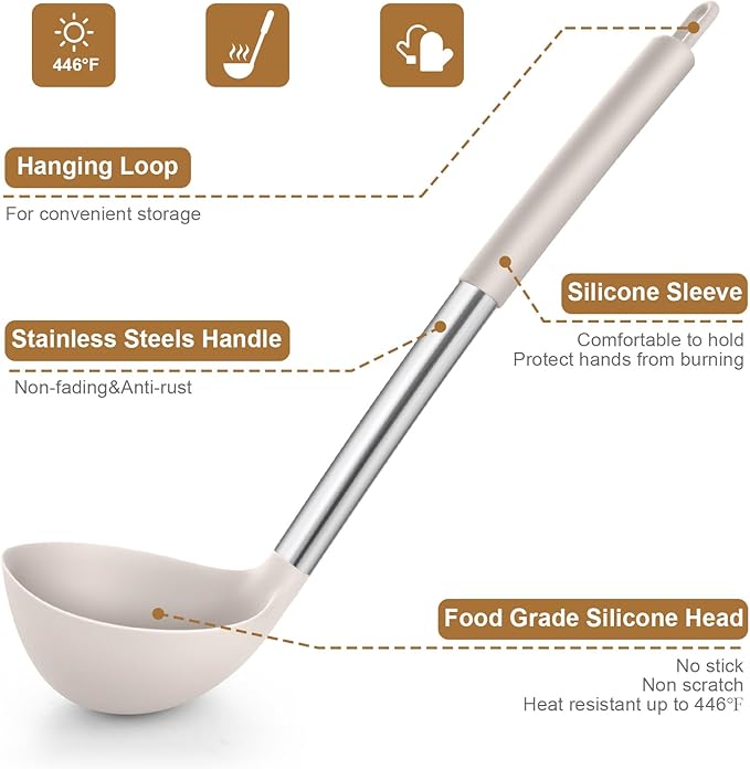 LIANYU 15 Pcs Kitchen Cooking Utensils Set with Holder, Silicone Kitchen Tools with Stainless Steel Handle, Heat Resistant Gadgets, Brush Spatula Spoon Whisk for Cookware, Dishwasher Safe, Khaki