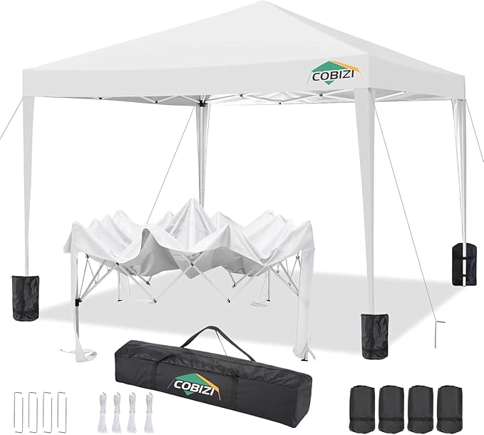COBIZI 10x10 Pop Up Canopy Tent with 4 Sandbags, Easy Set Up Gazebo, Instant Outdoor Sun Shade &Waterproof Canopy with 8 Stakes,4 Ropes&Carry Bag, Tents for Parties, Beach, Backyard,Camping(White