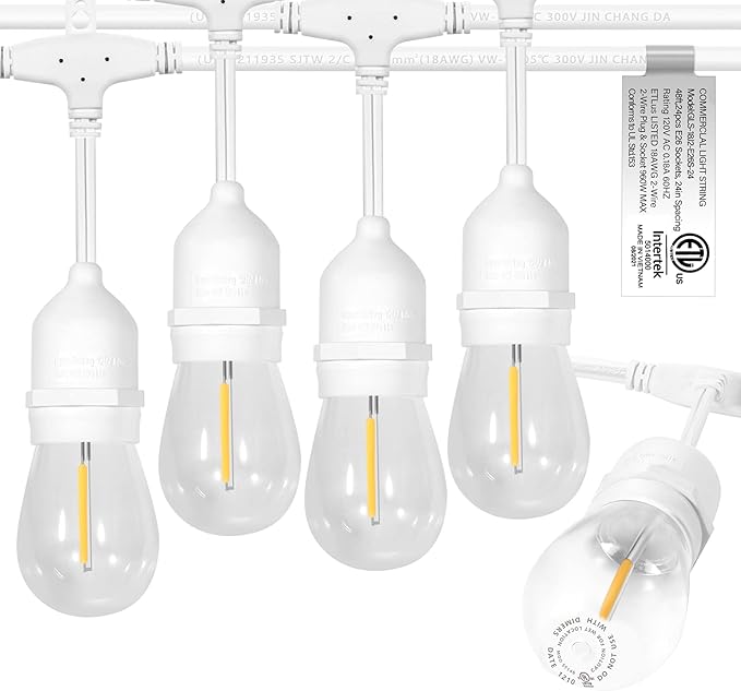 𝟰𝟴𝑭𝑻 LED Outdoor String Lights with 𝟮𝟰 Weatherproof Shatterproof Edison Style 𝑳𝑬𝑫 𝑩𝒖𝒍𝒃𝒔(2 𝑺𝒑𝒂𝒓𝒆),Commercial Grade Waterproof Hanging Lights for Backyard Porch Balcony Party