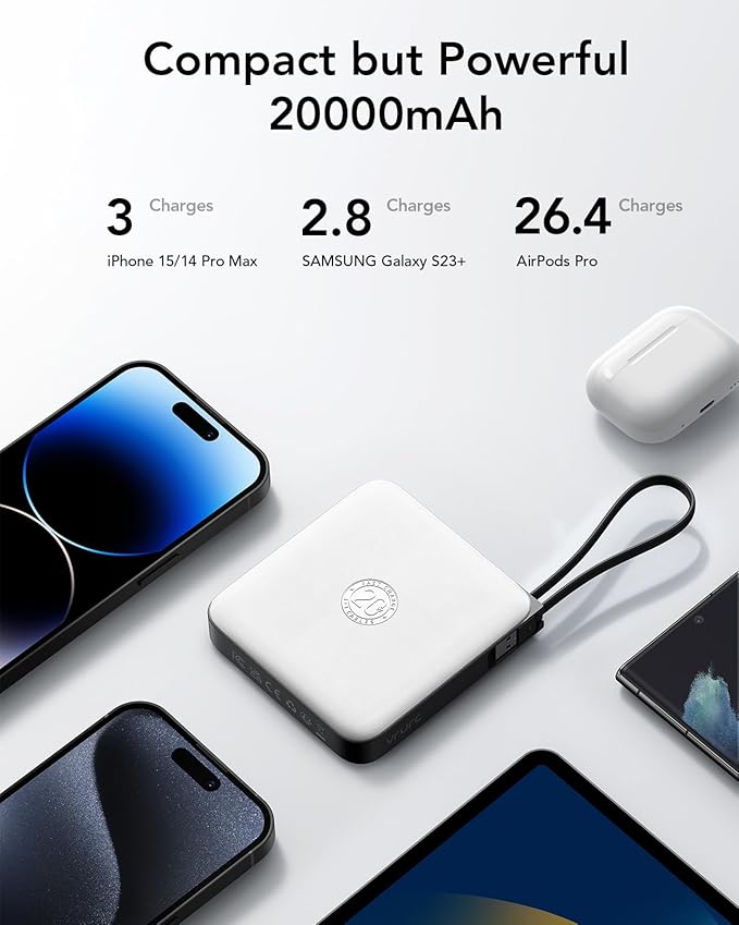 VRURC 20000mAh Portable Charger with Built-in Cables, Travel Essentials, Power Bank PD 20W for iPhone Fast Charging Battery Pack, for iPhone 16 15 14 13 12 11 x Samsung Galaxy Series, White(1 Pack)