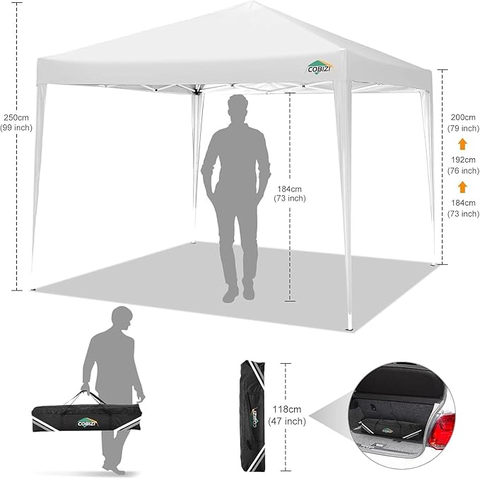 COBIZI 10x10 Pop Up Canopy Tent with 4 Sandbags, Easy Set Up Gazebo, Instant Outdoor Sun Shade &Waterproof Canopy with 8 Stakes,4 Ropes&Carry Bag, Tents for Parties, Beach, Backyard,Camping(White