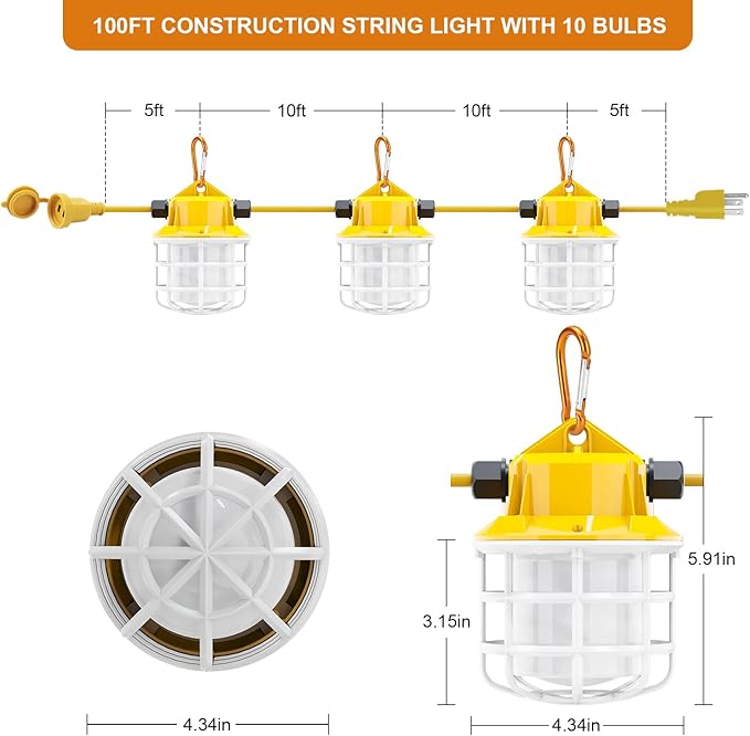 100ft LED Construction String Lights, 150W 15000LM Super Bright LED String Work Light, Construction Temporary Lights Apply to Renovation, Courtyard, Jobsite, and All Outdoor Lighting (100ft-10lights)