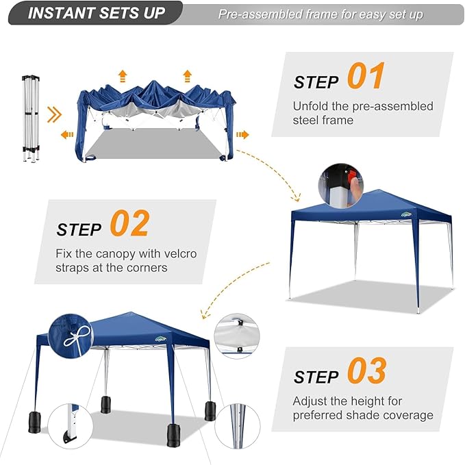 COBIZI 10x10 Pop Up Canopy Tent with 4 Sandbags, Easy Set Up Gazebo, Instant Outdoor Sun Shade &Waterproof Canopy with 8 Stakes,4 Ropes&Carry Bag, Tents for Parties, Beach, Backyard,Camping(Navy Blue