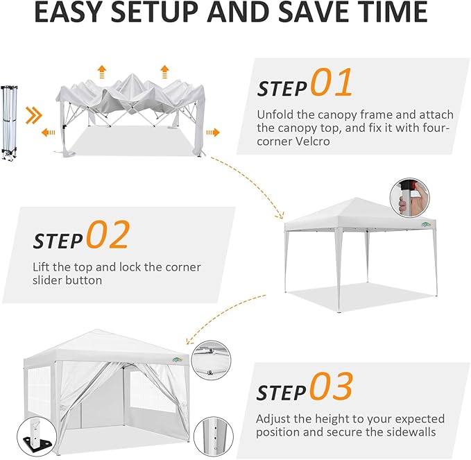 COBIZI 10x10 Pop Up Canopy Tent with 4 Sidewalls,10x10 Easy Up Waterproof Canopy Tents for Parties Camping Exhibition, Outdoor Easy Set U Gazebo Tent with Carry Bag,8 Stakes & 4 Ropes(White