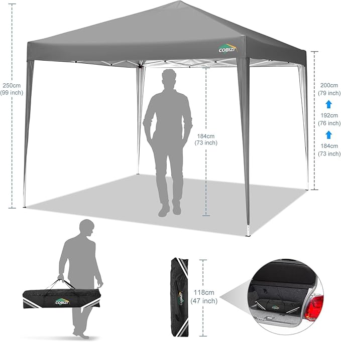 COBIZI 10x10 Pop Up Canopy Tent with 4 Sandbags, Easy Set Up Tent, Instant Outdoor Sun Shelter Canopy with 8 Stakes,4 Ropes&Carry Bag, Tents for Parties, Beach, Backyard,Camping(Gray