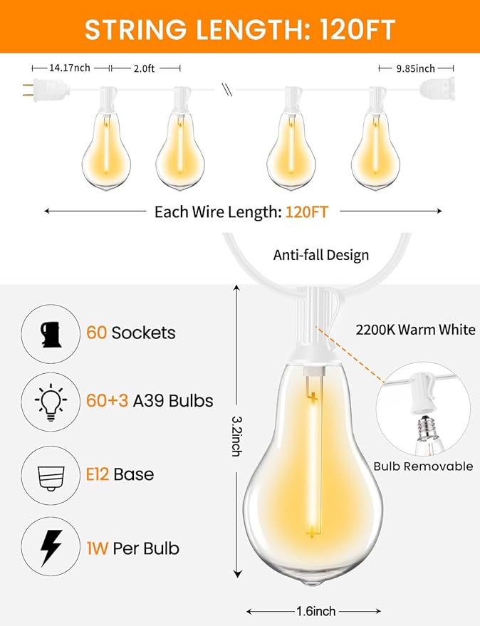 String Lights for Outside 120ft Waterproof with 60+3pcs A39 Shatterproof Edison Bulbs Outdoor String Lights for Patio, Yard, Cafe, Bistro, Market, Warm White 2200k