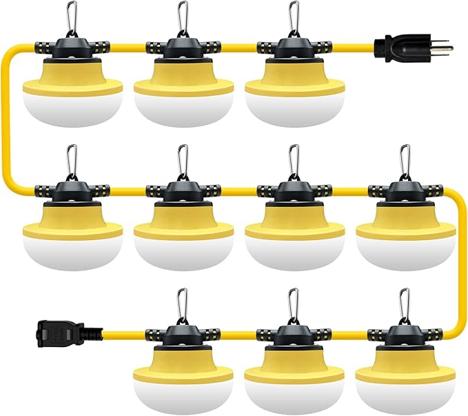 New 100FT Construction String Lights LED Industrial Grade Best for Construction Sites,Renovation, Walkways,Patio,Mine cave,Outdoor Lighting Solutions Use,Free for Climbing Hook 3Prong