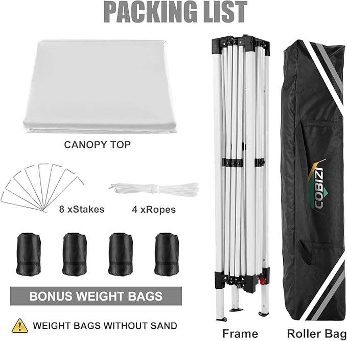 COBIZI 10x10 Pop Up Canopy Tent with 4 Sandbags, Easy Set Up Gazebo, Instant Outdoor Sun Shade &Waterproof Canopy with 8 Stakes,4 Ropes&Carry Bag, Tents for Parties, Beach, Backyard,Camping(White