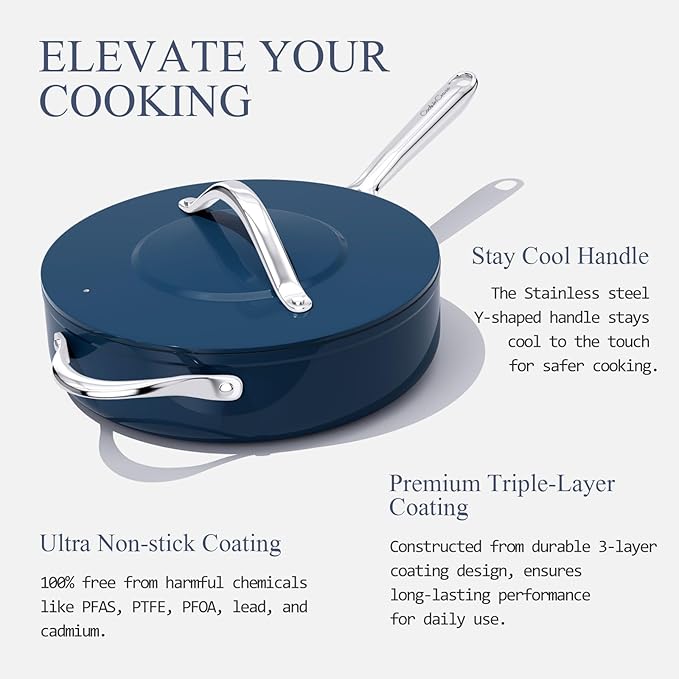Nonstick Ceramic Sautรฉ Pan with Lid (4.5 qt, 11"), Deep Frying Pan for All Cooktops - Non Toxic, PTFE/PFOA/PFAS Free, Dishwasher & Oven Safe up to 500ยฐF - with Stay Cool Handle - Navy Blue