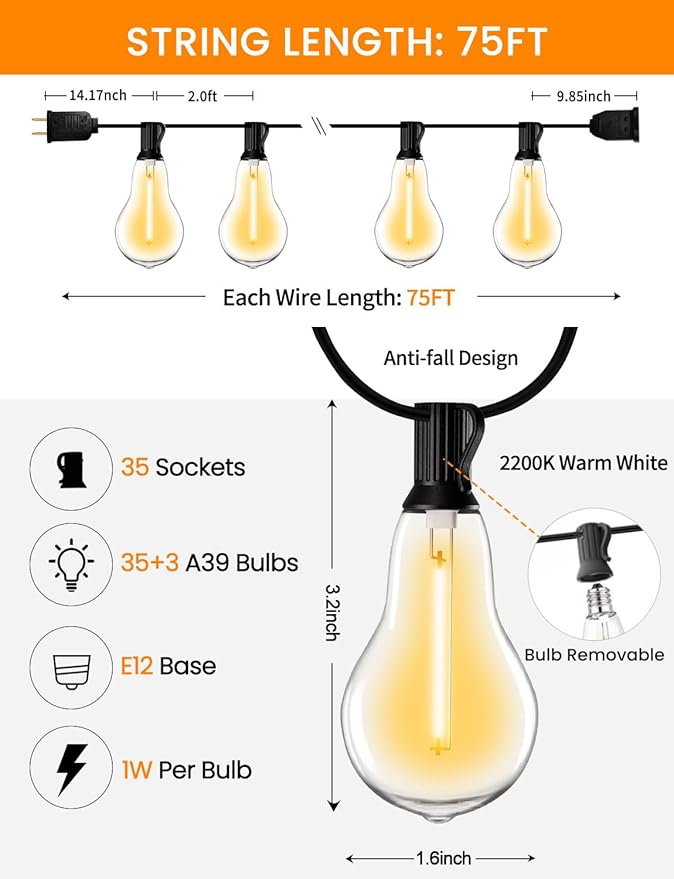 Outdoor String Lights 75FT Patio Lights with 35+3 A39 Waterproof Edison Bulbs LED String Lights for Outside Bistro, Backyard, Cafe, Gazebo, Warm White 2200k