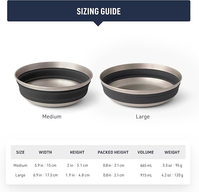 Sea to Summit Detour Stainless Steel Collapsible Bowl, Medium (22 fl oz), Beluga Black