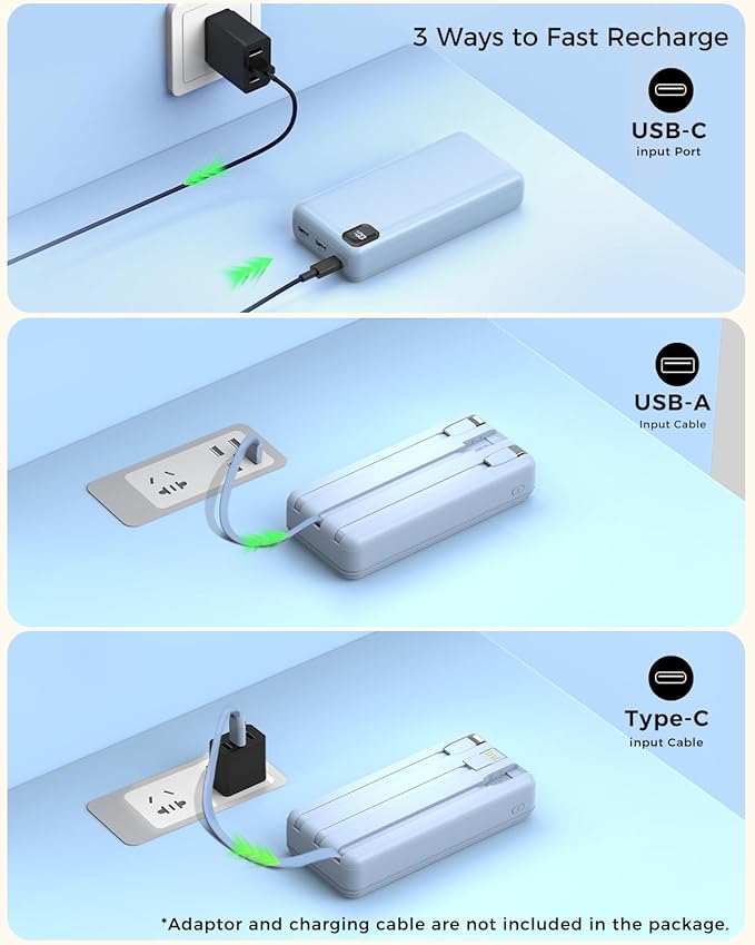 Portable Charger Power Bank 50000mAh Built-in Cables, PD 20W Fast Charging Large Capacity Battery Pack, 5 Output 2 Input LED Display Powerbank Compatible with Phone (Blue)