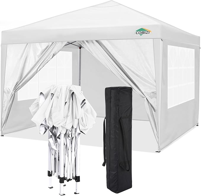 COBIZI 10x10 Pop Up Canopy Tent with 4 Sidewalls,10x10 Easy Up Waterproof Canopy Tents for Parties Camping Exhibition, Outdoor Easy Set U Gazebo Tent with Carry Bag,8 Stakes & 4 Ropes(White