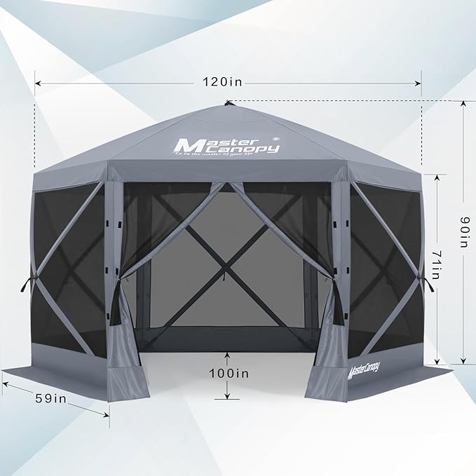 MASTERCANOPY 10x10FT Pop Up Gazebo Screen Tent - Instant Screen House with Netting, Quick Set, Outdoor Canopy Shelter with Carry Bag for Camping, Backyard & Patio (Gray)