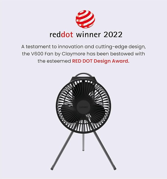 Claymore V600+ Rechargeable Camping Fan(Black) – 7,800 mAh Battery Operated Portable Fan for Indoor & Outdoor Use, 4-Speed Quiet Air Circulator, USB‑C Charging, Timer, Carry Pouch Included