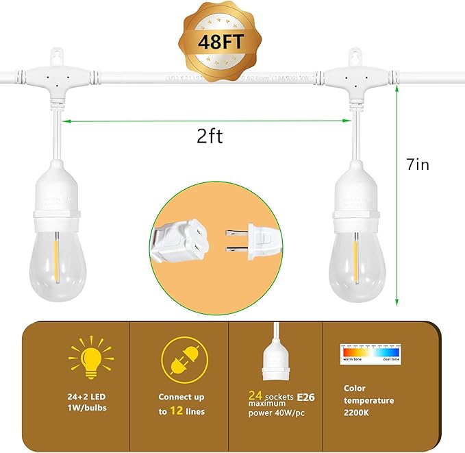 𝟰𝟴𝑭𝑻 LED Outdoor String Lights with 𝟮𝟰 Weatherproof Shatterproof Edison Style 𝑳𝑬𝑫 𝑩𝒖𝒍𝒃𝒔(2 𝑺𝒑𝒂𝒓𝒆),Commercial Grade Waterproof Hanging Lights for Backyard Porch Balcony Party