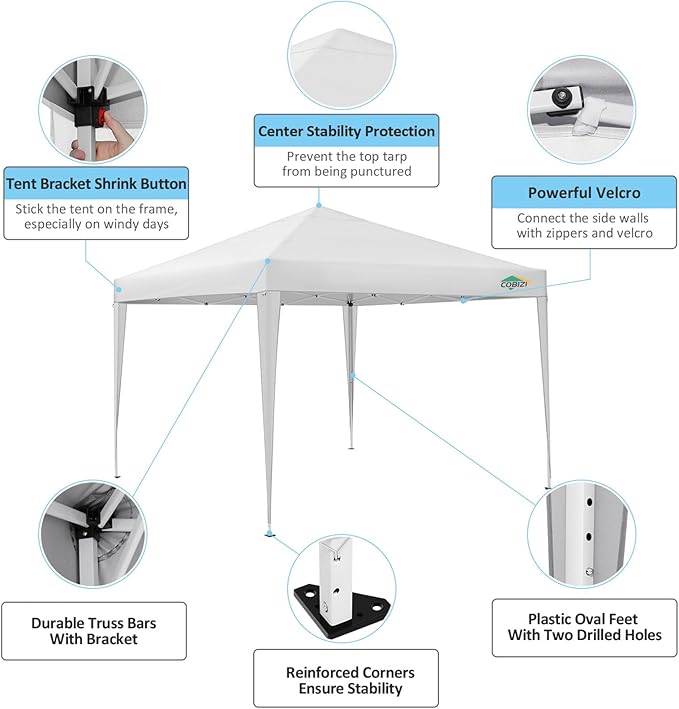 COBIZI 10x10 Pop Up Canopy Tent with 4 Sidewalls,10x10 Easy Up Waterproof Canopy Tents for Parties Camping Exhibition, Outdoor Easy Set U Gazebo Tent with Carry Bag,8 Stakes & 4 Ropes(White