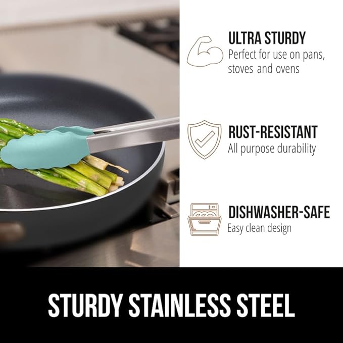 GORILLA GRIP Stainless Steel Heat Resistant Kitchen Tongs for Cooking, 9 + 12 Inch, Set of 2 BBQ Tong, Non Scratch Silicone Tip for Pan, Strong Grip, Grab Food, Toss Salad, Air Fryer, Pull Lock, Mint