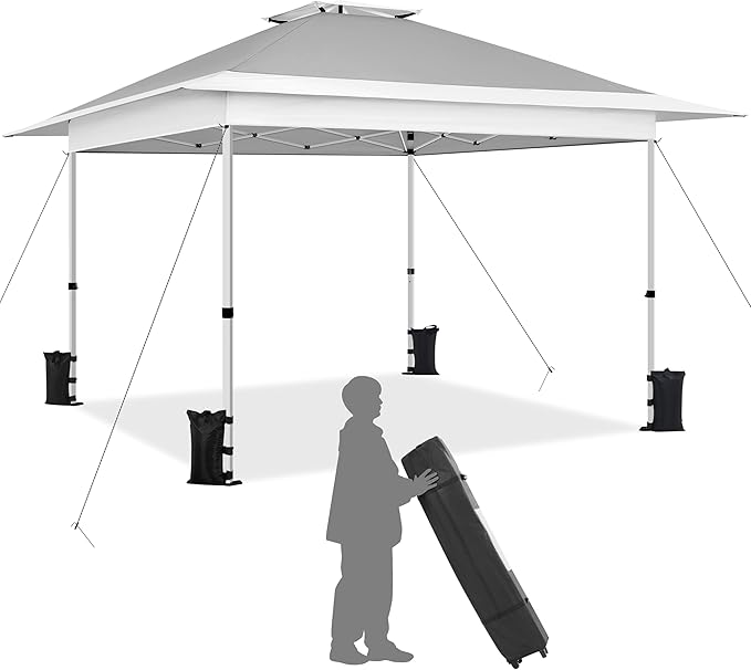Yaheetech 13x13 Pop Up Canopy Tent, Straight Leg Easy Set-up Height-Adjustable Folding Shelter w/Extending Eaves Set W/Sandbags & Rolling Storage Bag & Ground Anchors & Guy Lines,Light Gray/White
