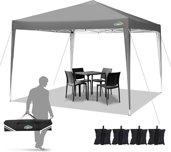 COBIZI 10x10 Pop Up Canopy Tent with 4 Sandbags, Easy Set Up Tent, Instant Outdoor Sun Shelter Canopy with 8 Stakes,4 Ropes&Carry Bag, Tents for Parties, Beach, Backyard,Camping(Gray