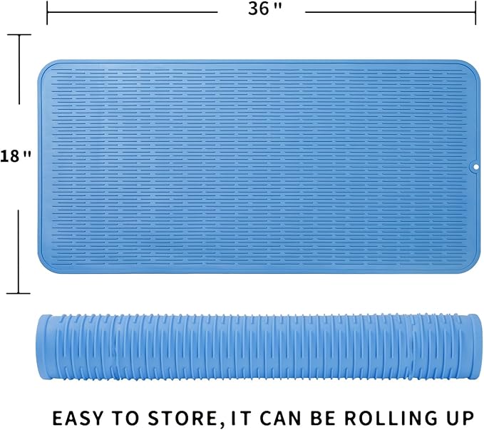 Silicone Dish Drying Mat for Multiple Usage,Easy clean,Eco-friendly,Heat-resistant Silicone Mat for Kitchen Counter or Sink,Refrigerator or Drawer Liner Lichen BlueL 5XL 36inches x 18inches