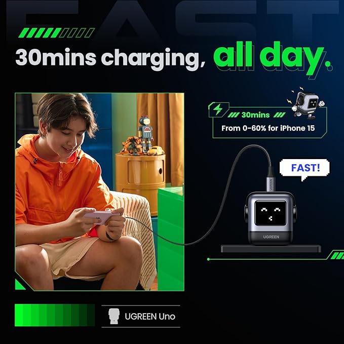 UGREEN Uno 30W USB C Charger Block, Compact Nexode Robot GaN Fast Charger for iPhone 16/15/14, Galaxy S25/S24/S23, Pixel 9/8/7, MacBook Air, iPad Pro (Black)